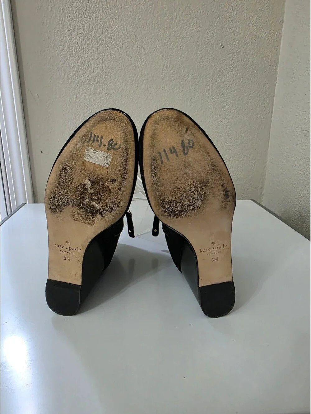 Kate Spade NY Geraldine Suede & Patent Leather Wedge Booties Gold Buttons Size 8